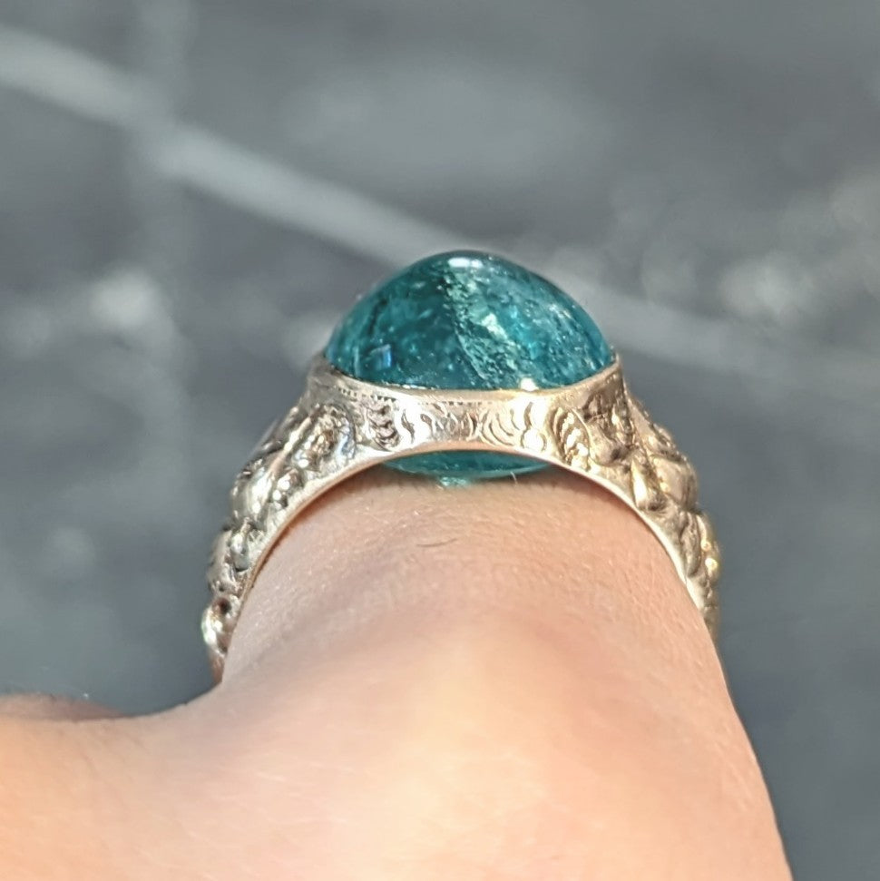 Victorian 10.16 CTW Emerald Cabochon 14 Karat Gold Scroll Antique Signet Ring Wilson's Estate Jewelry