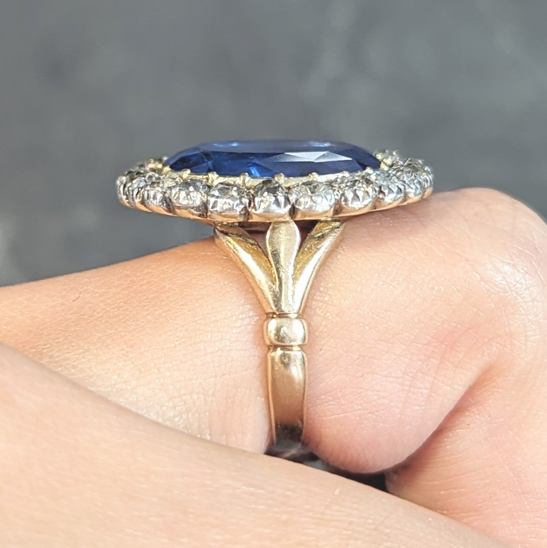 Georgian 13.01 CTW No Heat Burma Sapphire Diamond Silver 14 Karat Antique Gold Halo Ring GIA Wilson's Estate Jewelry