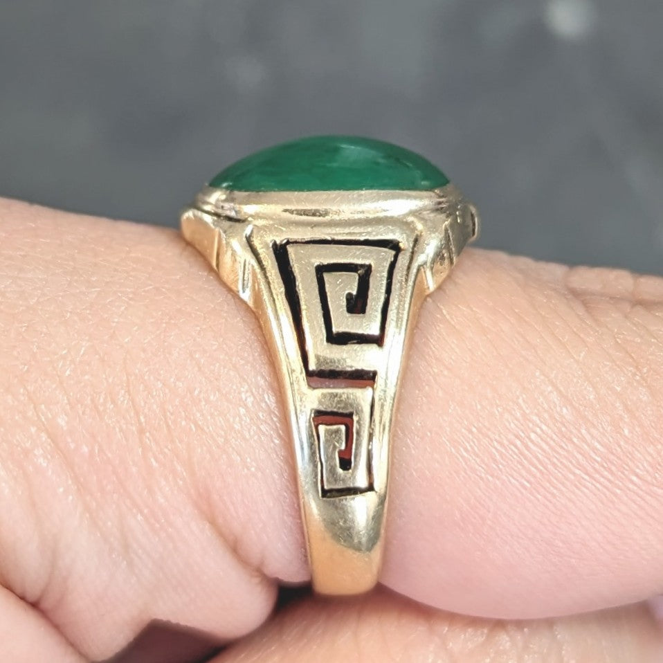 Art Deco Natural Jade 14 Karat Yellow Gold Greek Key Antique Signet Ring GIA Wilson's Estate Jewelry