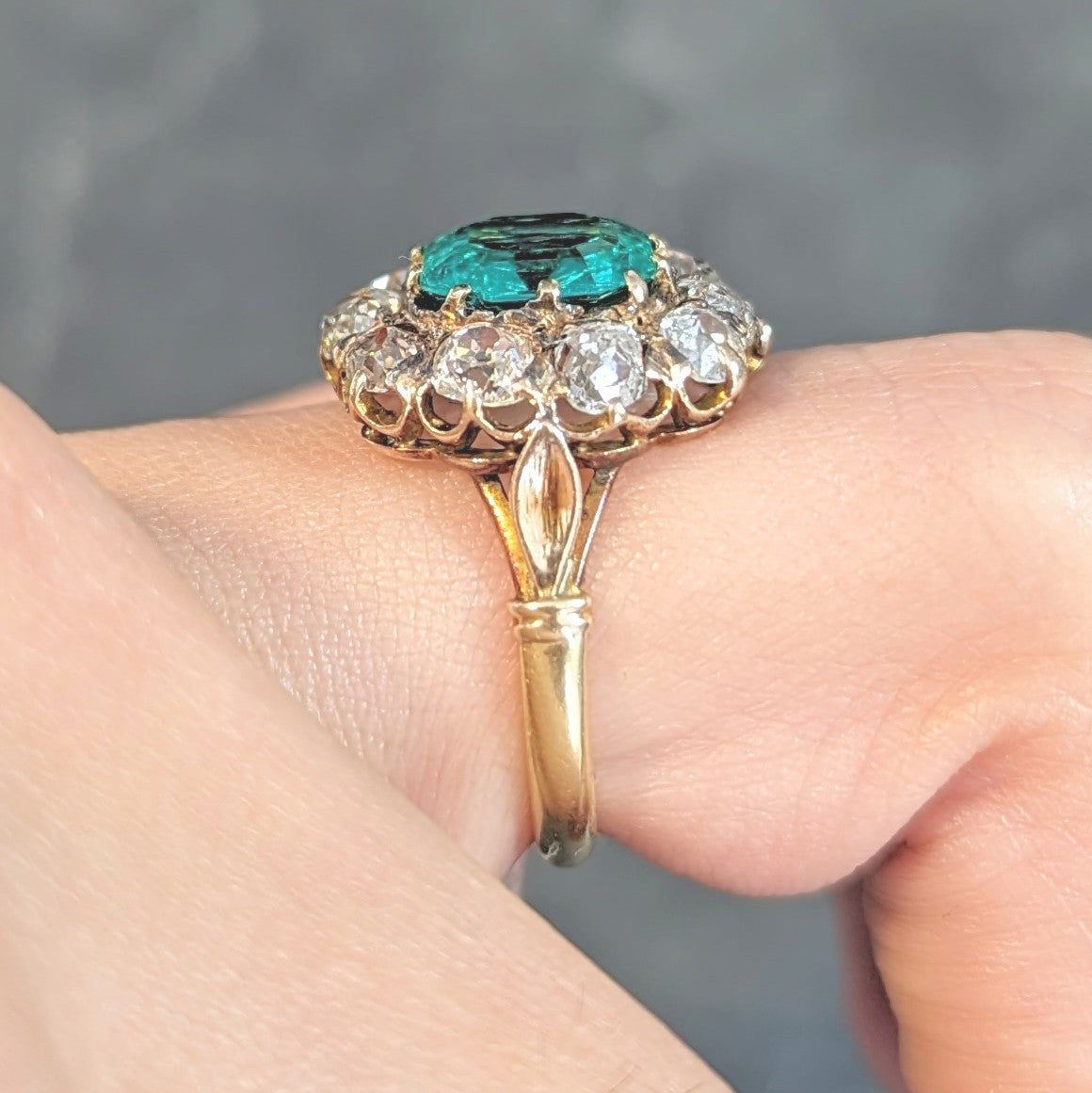 Victorian 4.28 CTW Colombian Emerald Diamond 14 Karat Yellow Gold Antique Halo Ring GIA Wilson's Estate Jewelry