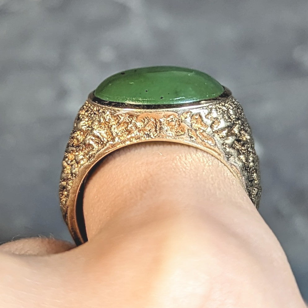 Brutalist Jade Cabochon 10 Karat Yellow Gold Vintage Signet Ring Wilson's Estate Jewelry