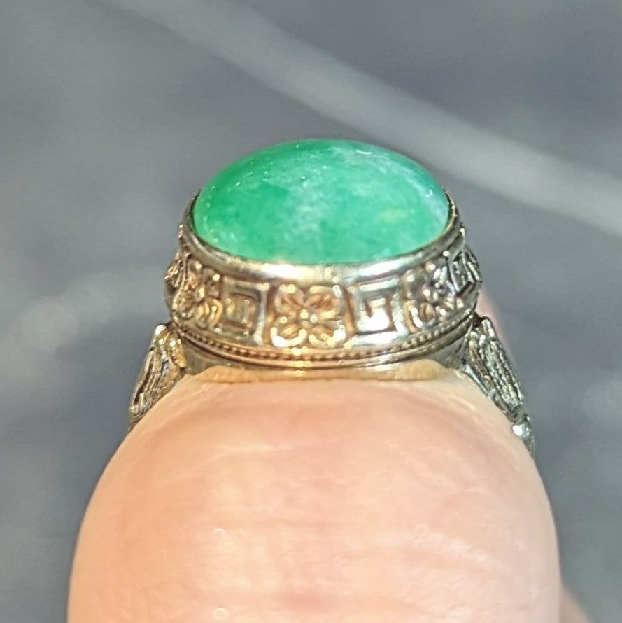 Allsopp Bros. Art Deco Natural Jade 14 Karat Yellow Gold Orange Blossom Ring GIA Wilson's Estate Jewelry