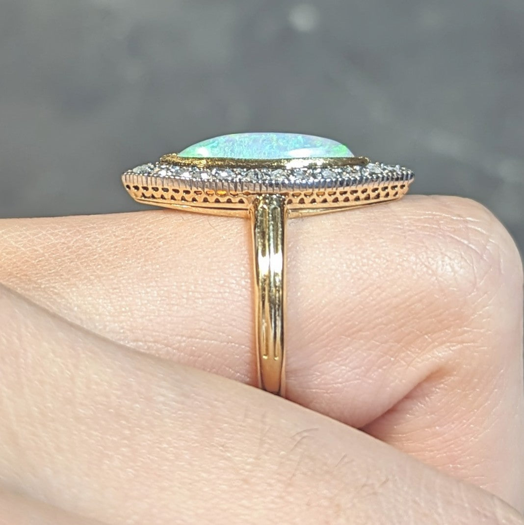 Edwardian French Opal Diamond Platinum 18 Karat Yellow Gold Antique Navette Ring Wilson's Estate Jewelry