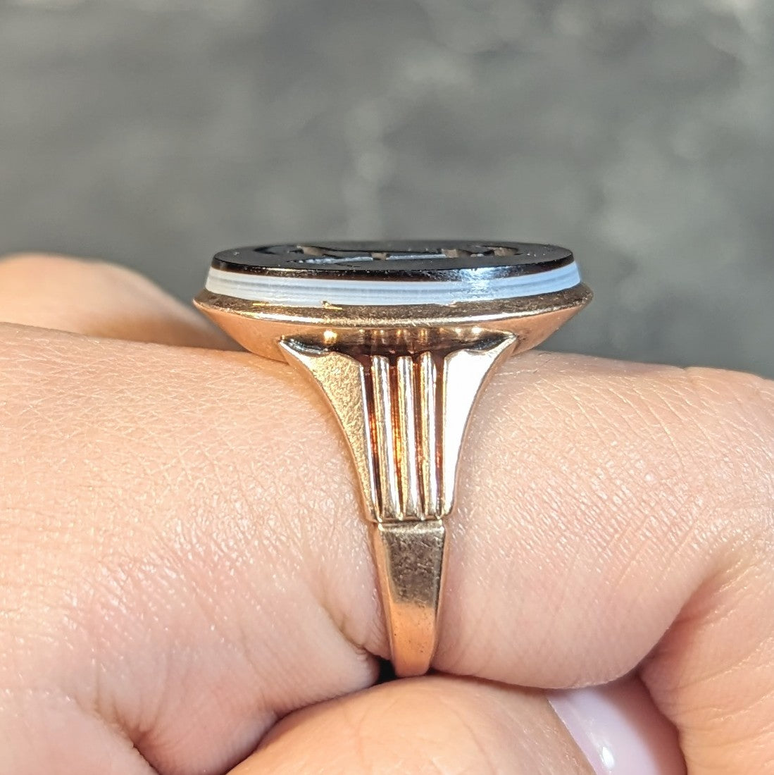 Victorian Banded Agate 14 Karat Rose Gold A Intaglio Antique Signet Ring Wilson's Estate Jewelry