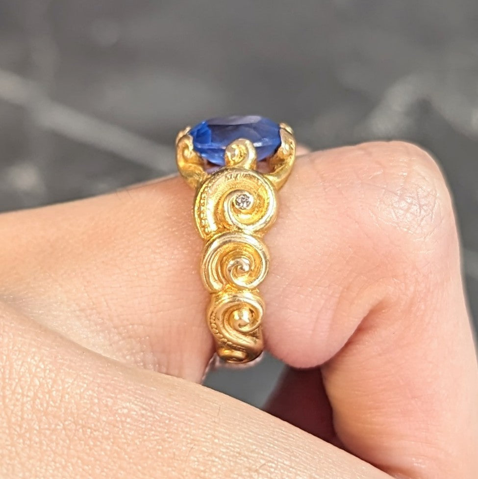 Art Nouveau 2.25 CTW Sapphire Diamond 18 Karat Yellow Gold Antique Unisex Swirl Ring Wilson's Estate Jewelry