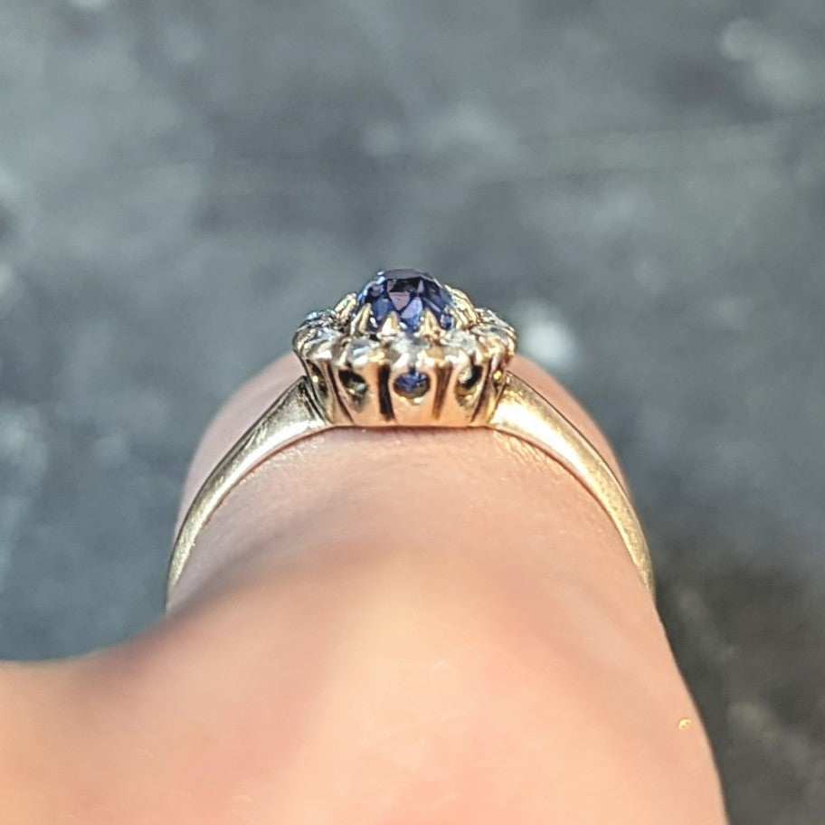 Victorian 1.37 CTW Sapphire Diamond 14 Karat Rose Gold Antique Halo Ring Wilson's Estate Jewelry