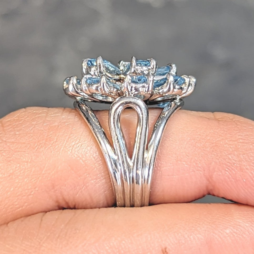 Tiffany & Co. 1960s 5.71 CTW Aquamarine Diamond Platinum Flower Vintage Cocktail Ring Wilson's Estate Jewelry