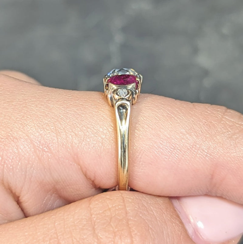 Victorian 3.40 CTW Diamond No Heat Burma Ruby 18 Karat Gold Antique Three Stone Ring GIA Wilson's Estate Jewelry