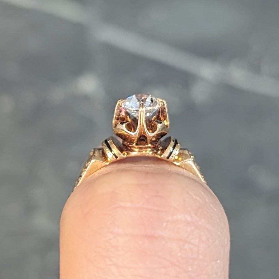 Victorian 1875 0.48 CTW Old European Cut Diamond Enamel 18 Karat Yellow Gold Antique Engagement Ring Wilson's Estate Jewelry