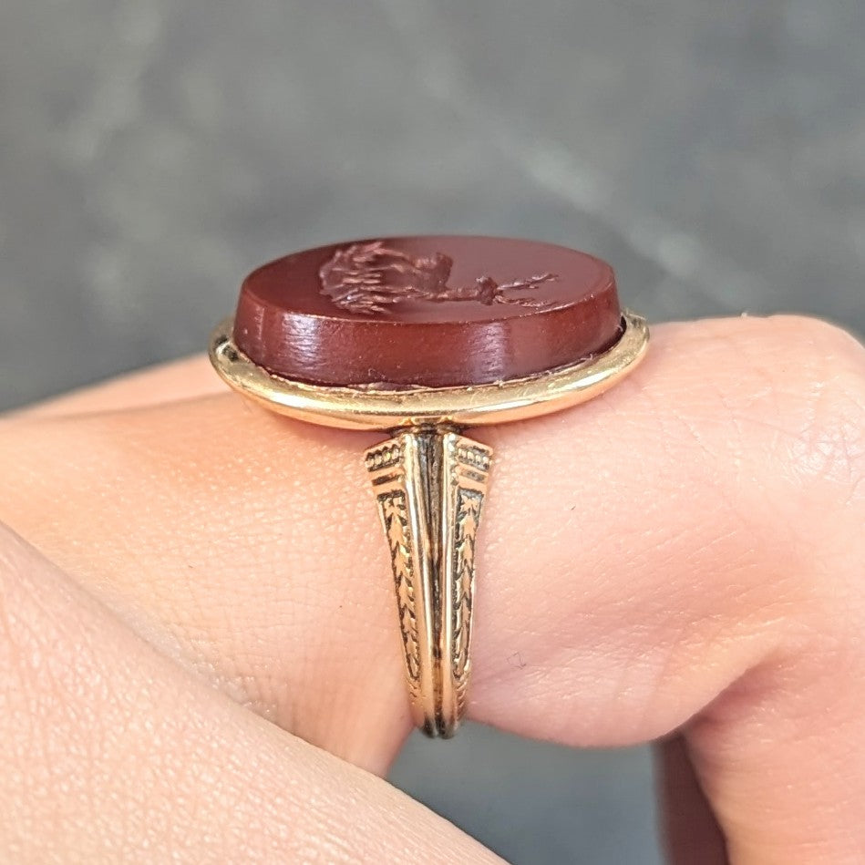 Victorian Carnelian 18 Karat Yellow Gold Stag Deer Intaglio Antique Signet Ring Wilson's Estate Jewelry