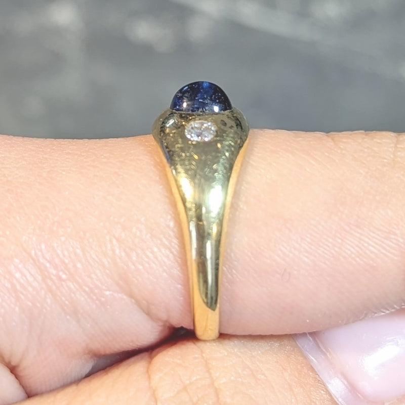 Mid-Century 1.36 CTW Sapphire Diamond 14 Karat Yellow Gold Three Stone Ring Wilson's Estate Jewelry