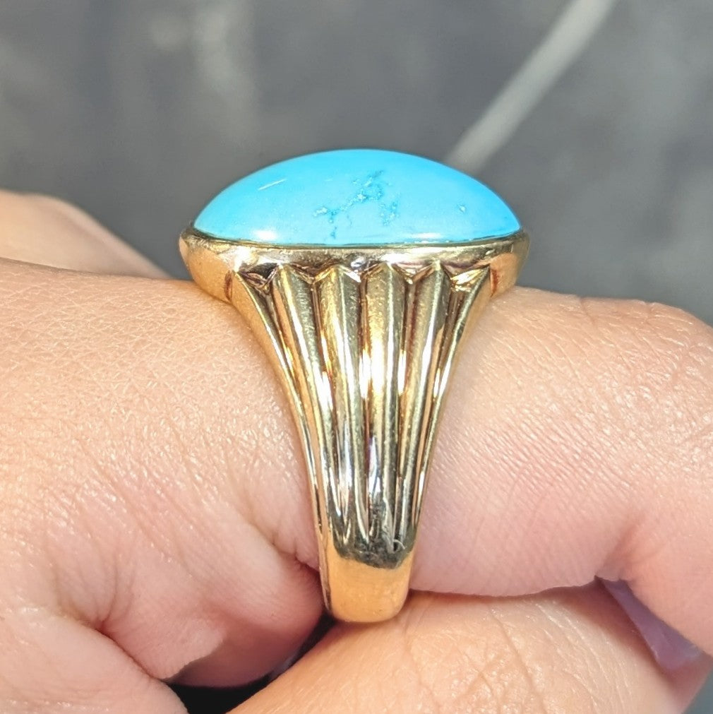 Retro Jones & Woodland Turquoise 14 Karat Yellow Gold Fanning Vintage Men's Signet Ring Wilson's Estate Jewelry