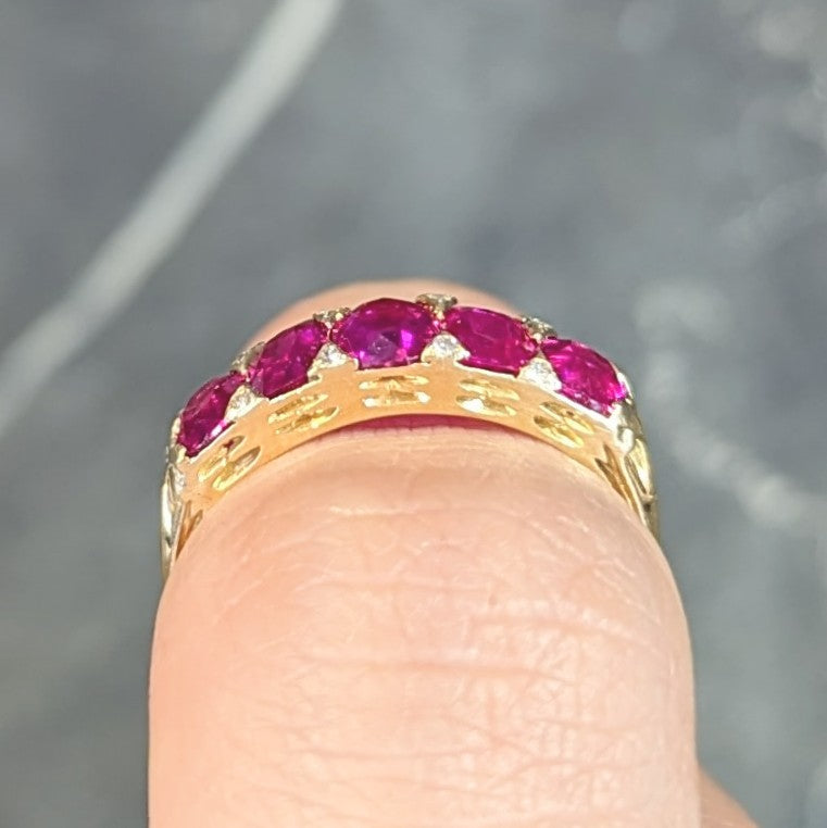 Art Nouveau 1.67 CTW Ruby Diamond 18 Karat Yellow Gold Foliate Five Stone Antique Band Ring Wilson's Estate Jewelry