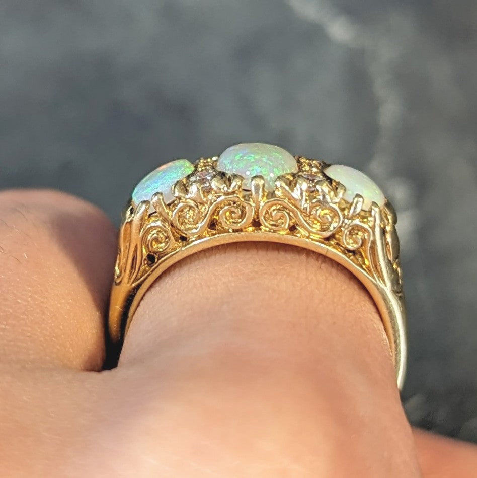 Vintage 1998 Opal Diamond 18 Karat Gold Scrolling Three Stone Ring Wilson's Estate Jewelry