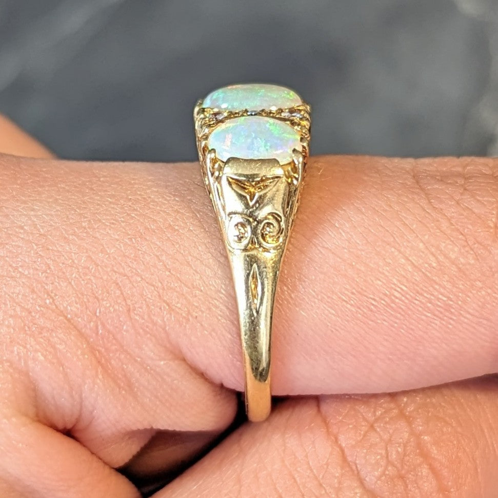 Vintage 1998 Opal Diamond 18 Karat Gold Scrolling Three Stone Ring Wilson's Estate Jewelry