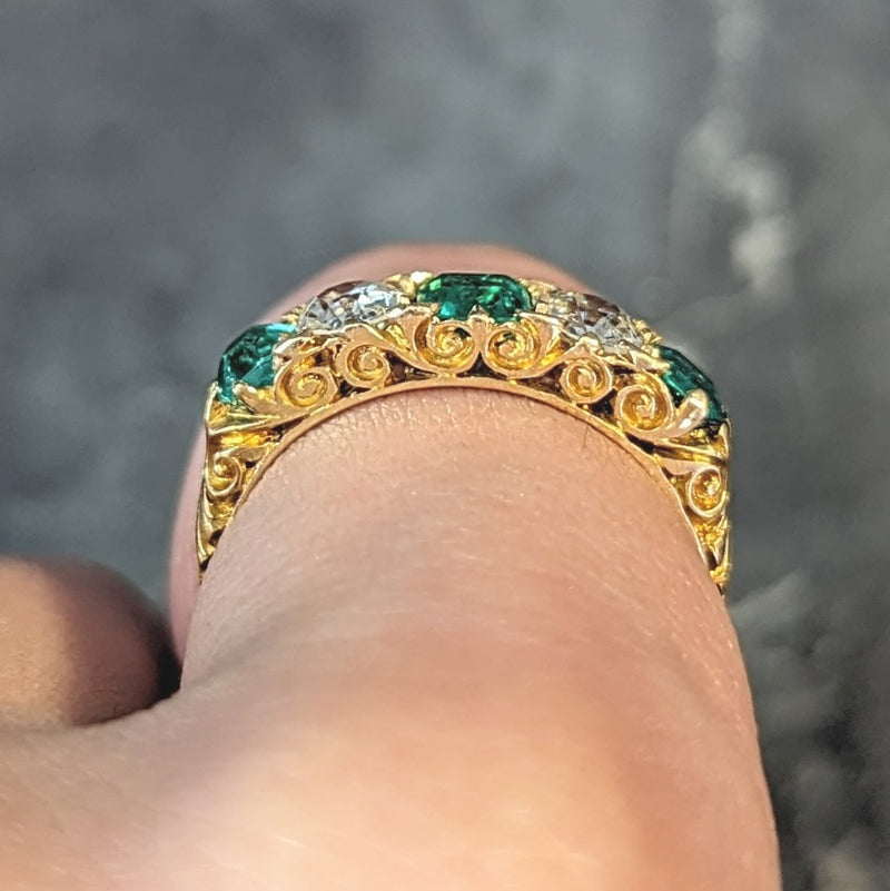 Victorian Emerald Diamond 18 Karat Yellow Gold Scrolling Five Stone Antique Band Ring