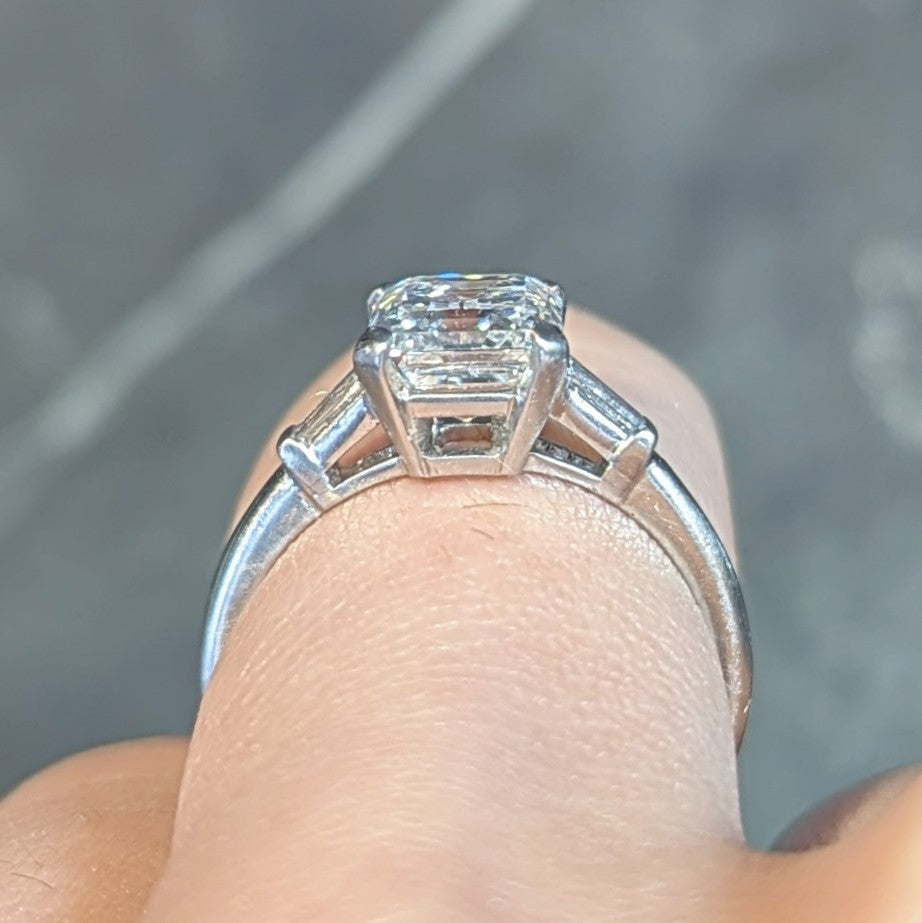 Mid-Century 2.17 CTW Emerald Cut Diamond Platinum Three Stone Vintage Engagement Ring GIA Wilson's Estate Jewelry