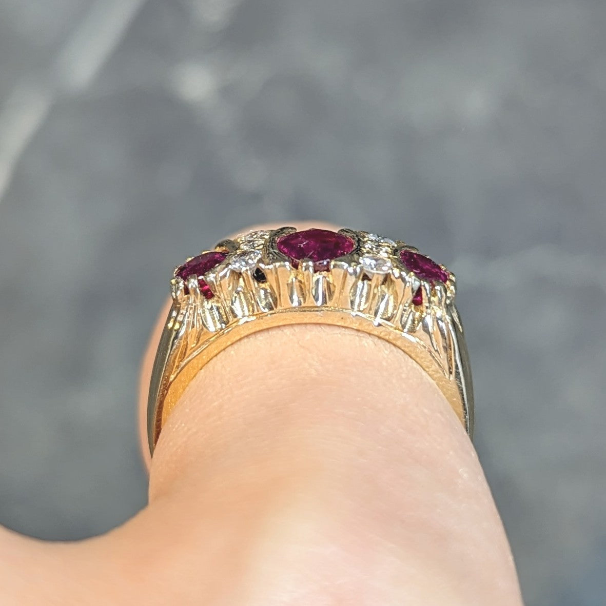 1980's 1.25 CTW Ruby Diamond 18 Karat Yellow Gold Vintage Band Ring Wilson's Estate Jewelry