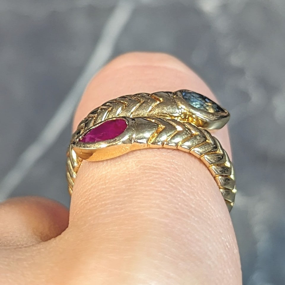 Bulgari Vintage Ruby Topaz 18 Karat Yellow Gold Spiga Tubogas Bypass Ring Wilson's Estate Jewelry