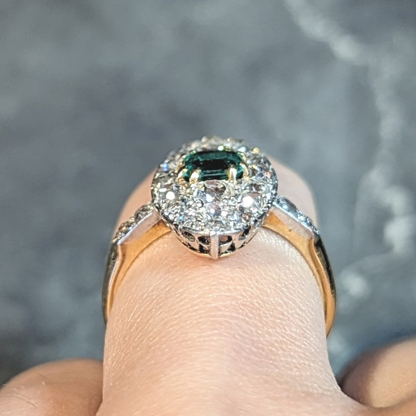 Edwardian French Emerald Diamond Platinum 14 Karat Gold Antique Navette Cluster Ring Wilson's Estate Jewelry