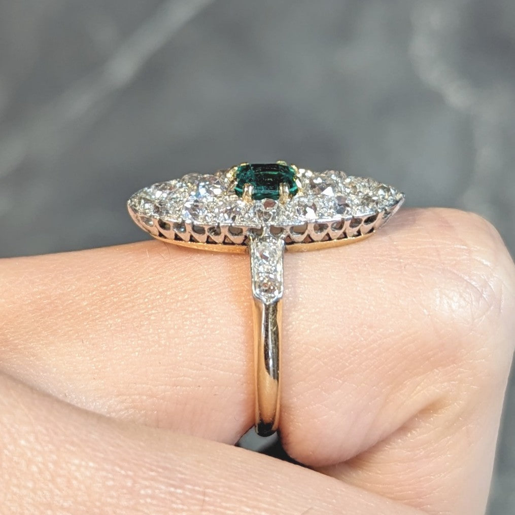 Edwardian French Emerald Diamond Platinum 14 Karat Gold Antique Navette Cluster Ring Wilson's Estate Jewelry