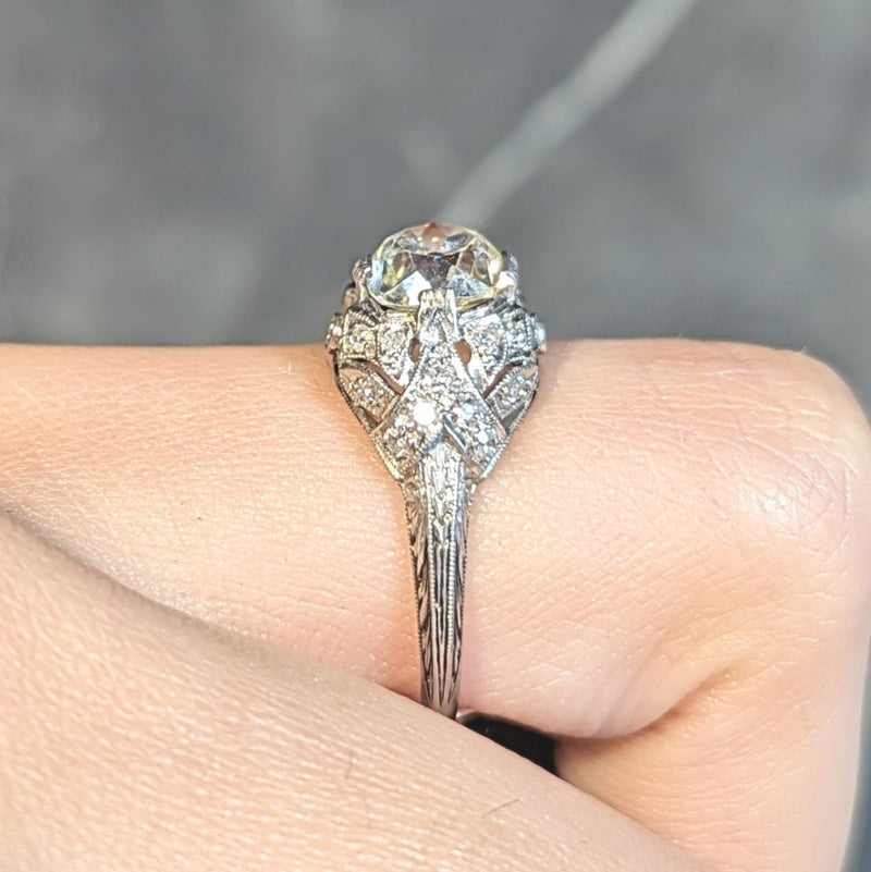 Art Deco 1.76 CTW Old Mine Diamond Platinum Foliate Bombé Vintage Engagement Ring Wilson's Estate Jewelry