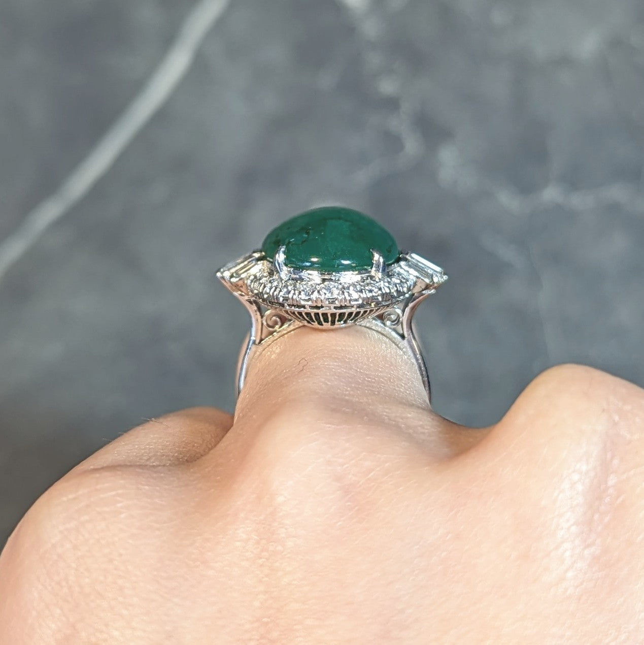 Mid-Century Natural Jadeite Jade Diamond Platinum Vintage Halo Ring GIA Wilson's Estate Jewelry