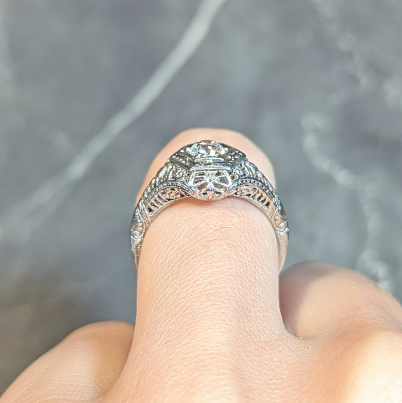 Art Deco 0.35 CTW Old European Cut Diamond Platinum Floral Vintage Engagement Ring