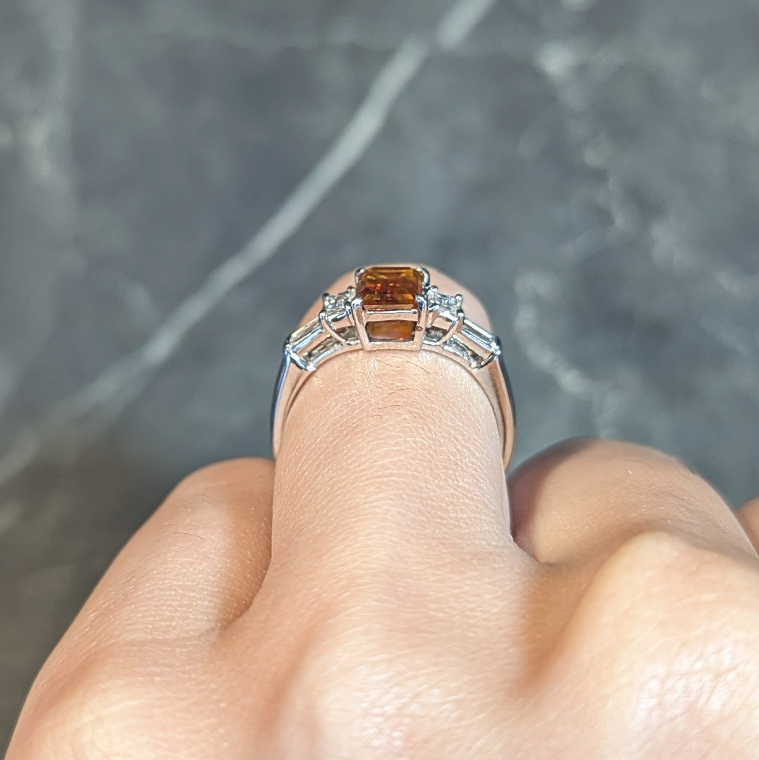 Contemporary 1.95 CTW Fancy Orange Brown Diamond Platinum Five Stone Engagement Ring Wilson's Estate Jewelry