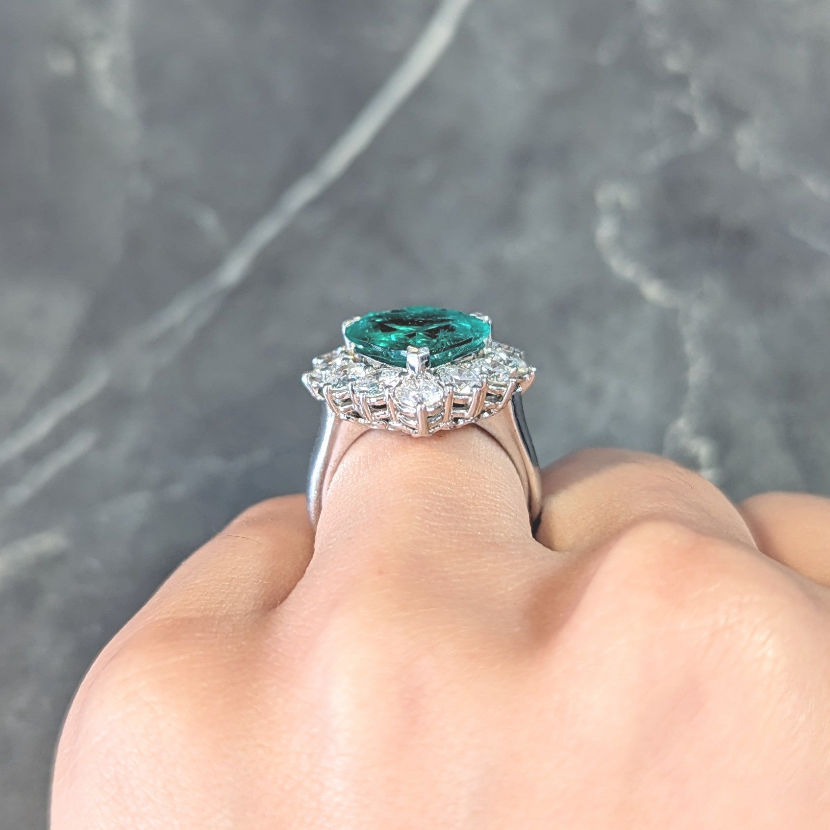 Contemporary 7.00 CTW Colombian Emerald Diamond 18 Karat White Gold Heart Halo Ring AGL Wilson's Estate Jewelry