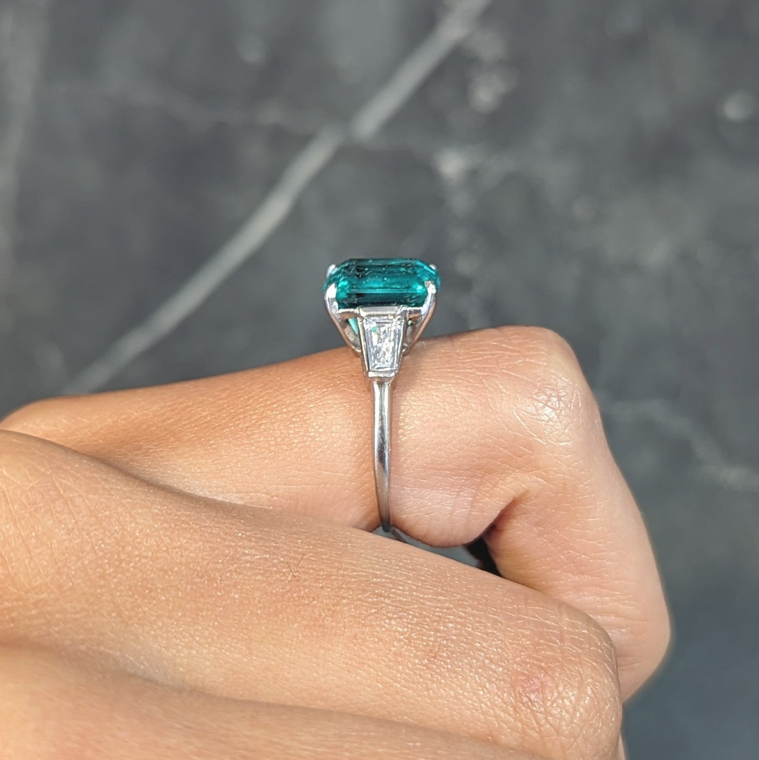 Mid-Century 3.43 CTW Colombian Emerald Diamond Platinum Three Stone Vintage Ring AGL Wilson's Estate Jewelry