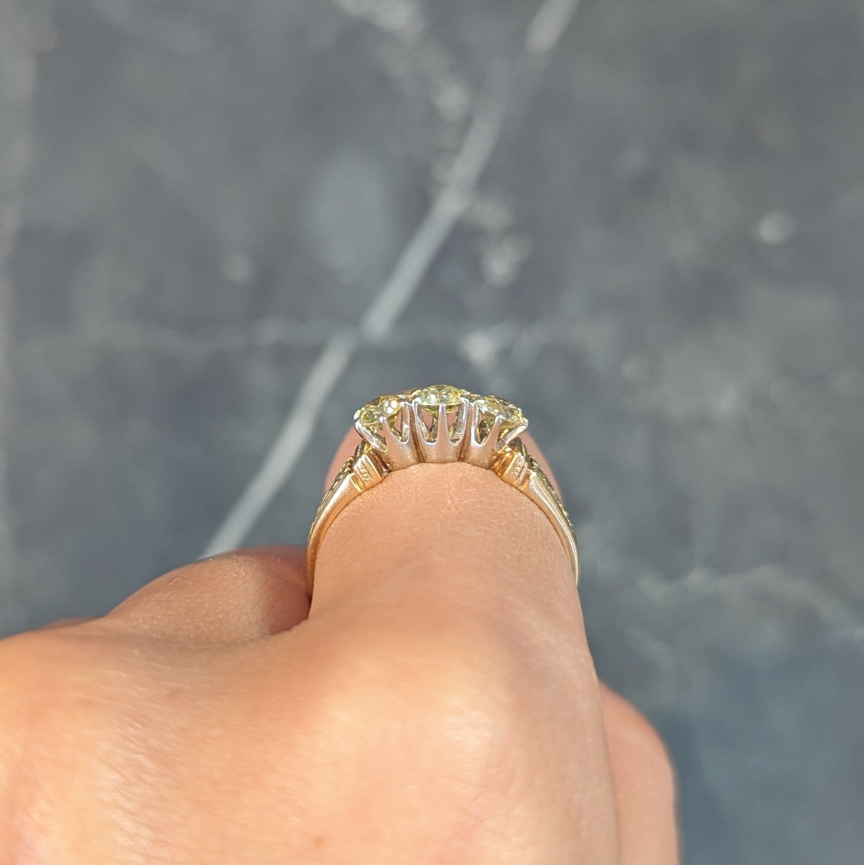 Victorian Fancy Yellow Diamond Platinum 18 Karat Gold Three Stone Antique Ring Wilson's Estate Jewelry