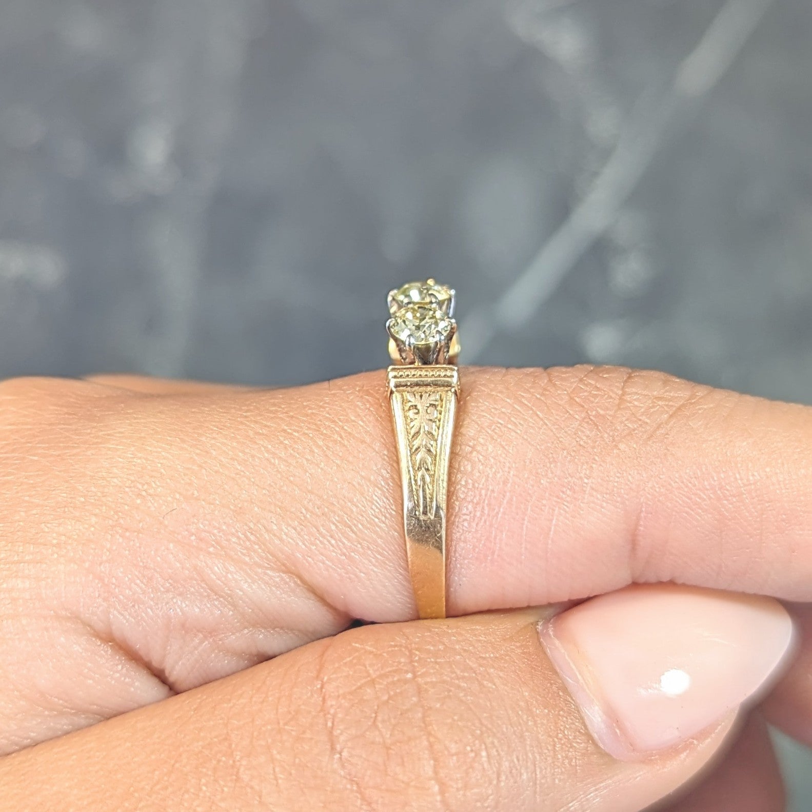 Victorian Fancy Yellow Diamond Platinum 18 Karat Gold Three Stone Antique Ring Wilson's Estate Jewelry