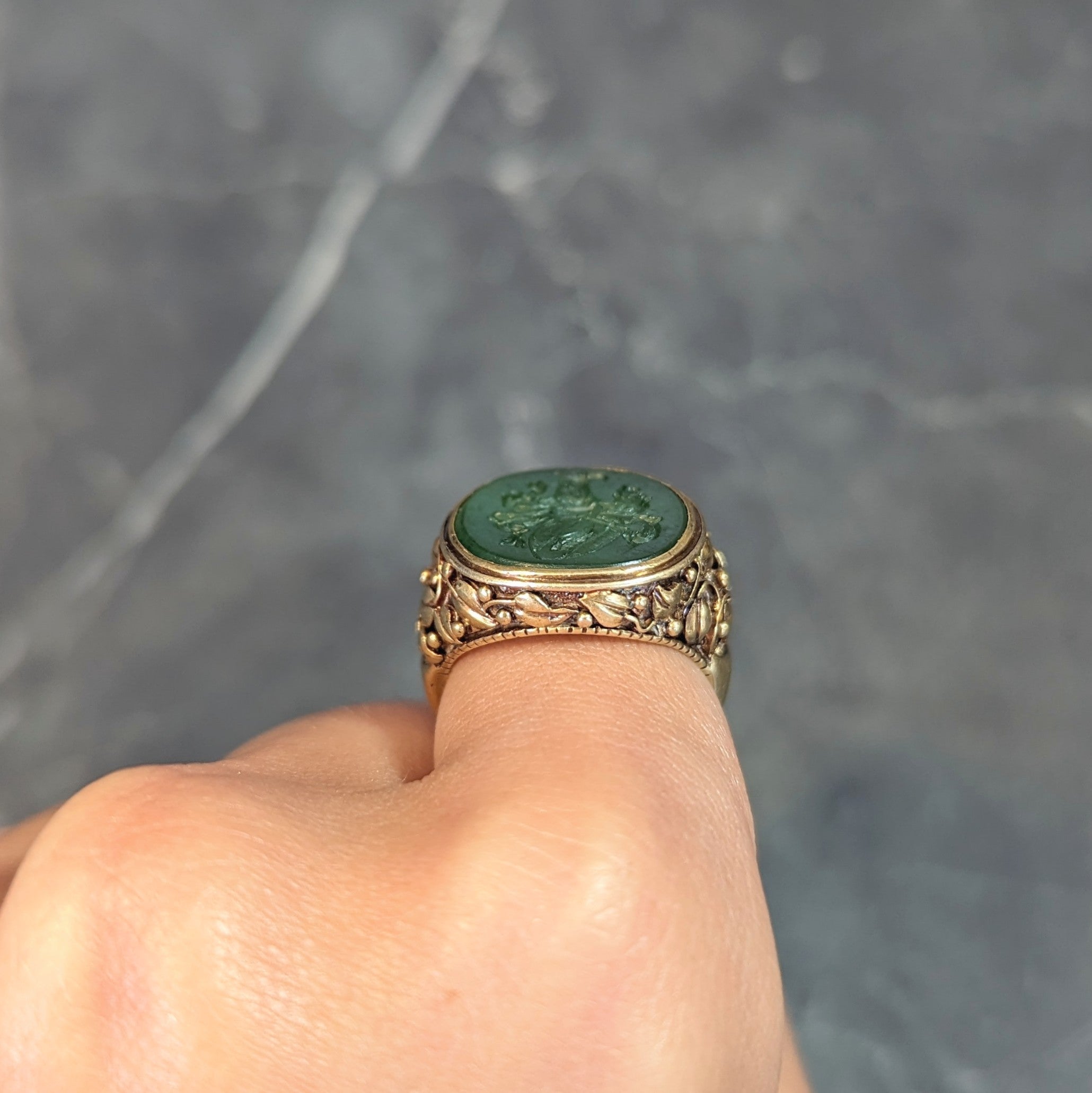 Victorian Nephrite Jade 14 Karat Yellow Gold Heraldry Intaglio Antique Unisex Ivy Signet Ring Wilson's Estate Jewelry