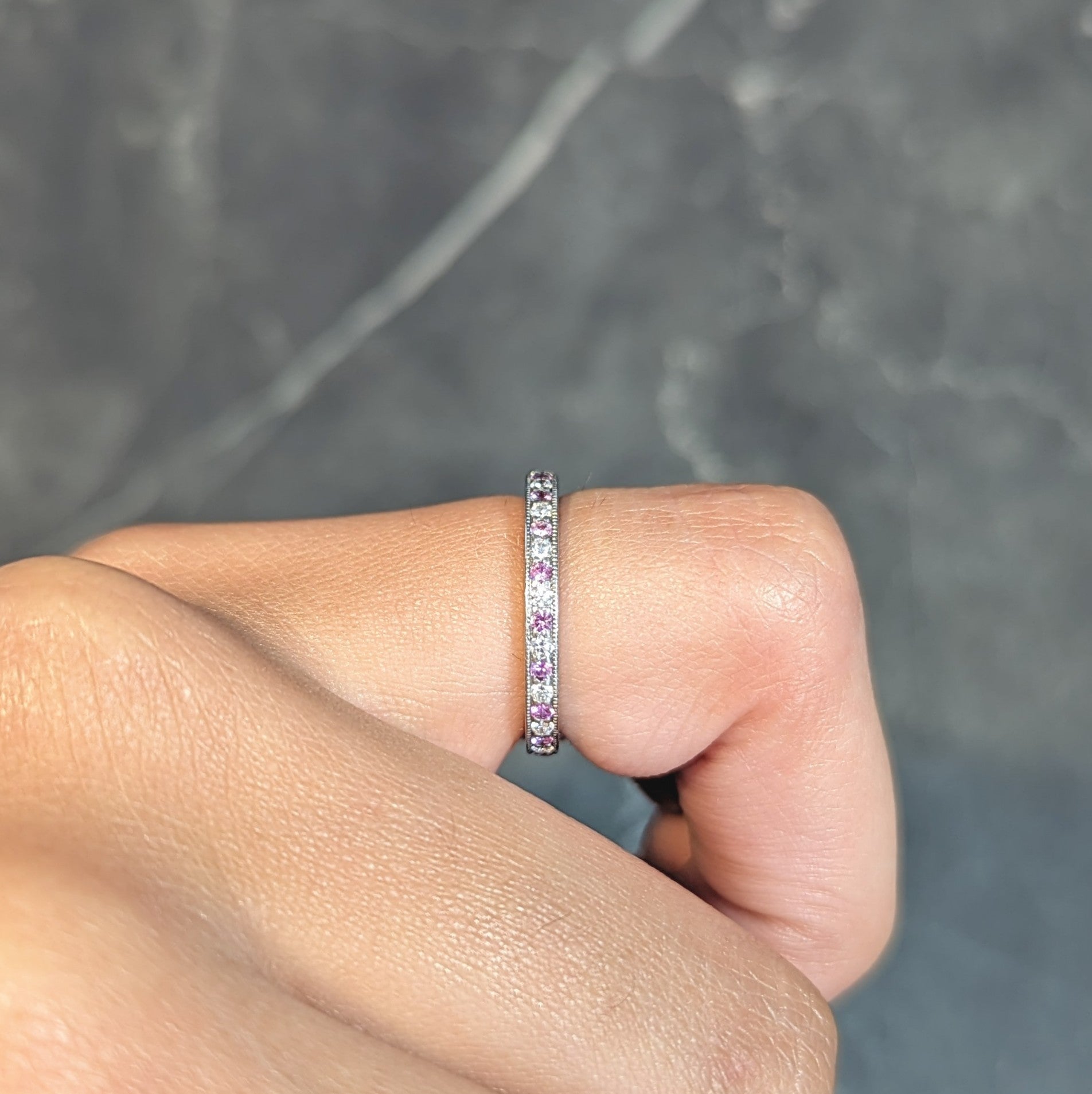 Tiffany & Co. 2000's Diamond Pink Sapphire Platinum Legacy Eternity Band Ring Wilson's Estate Jewelry