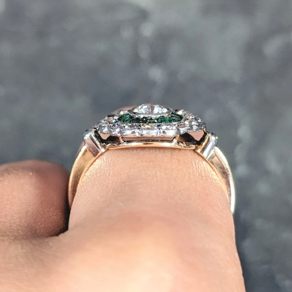 Edwardian 1.74 CTW Old European Cut Diamond Emerald Platinum-Topped 18 Karat Yellow Gold Antique Double Halo Ring Wilson's Estate Jewelry