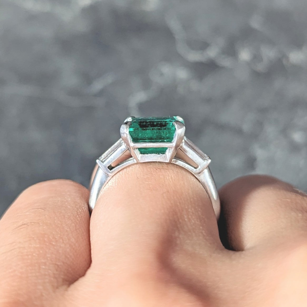 Mid-Century 3.48 CTW Square Step Cut Colombian Emerald Diamond Platinum Vintage Three Stone Ring GIA Wilson's Estate Jewelry