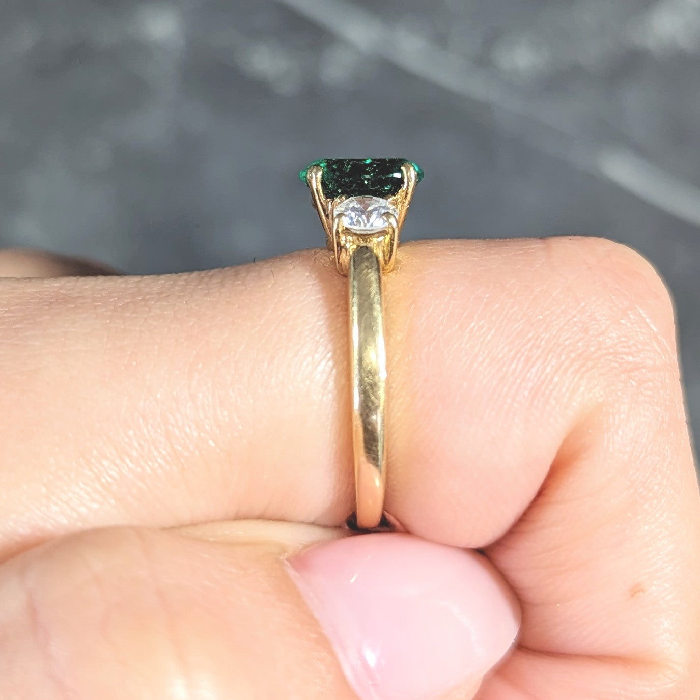 1990's 1.60 CTW Oval Cut Zambian Emerald Diamond 18 Karat Yellow Gold Vintage Three Stone GIA Wilson's Estate Jewelry