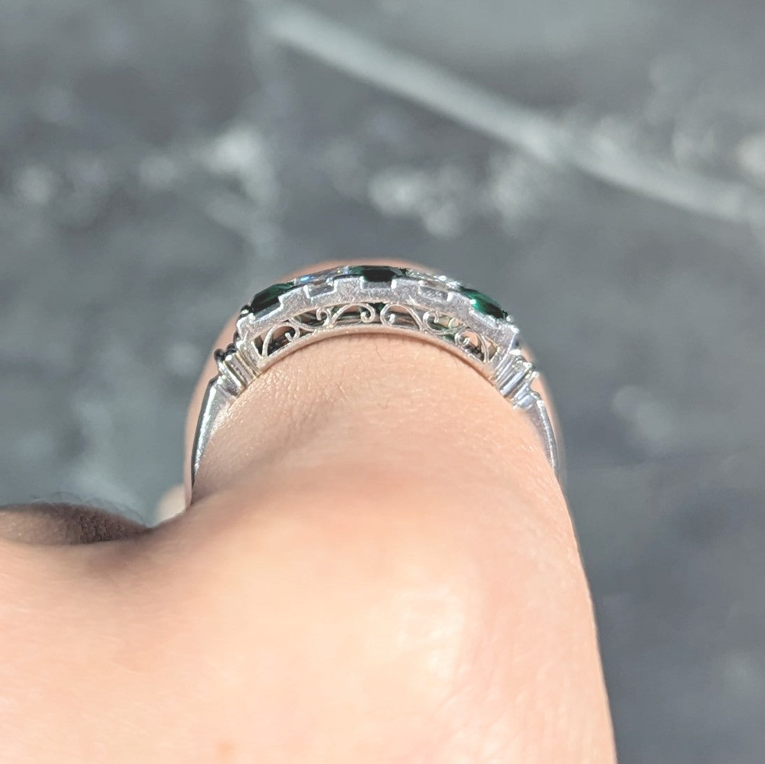 Contemporary 0.97 CTW Emerald Diamond Platinum Scrolling Band Ring Wilson's Estate Jewelry