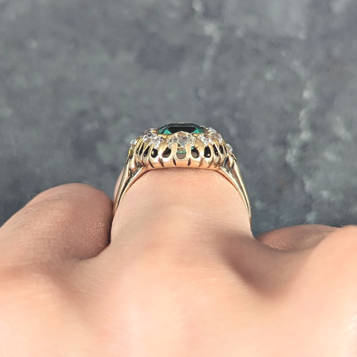 Victorian 1.88 CTW No Oil Colombian Emerald Old Mine Cut Diamond 14 Karat Yellow Gold Antique Halo Ring GIA Wilson's Estate Jewelry