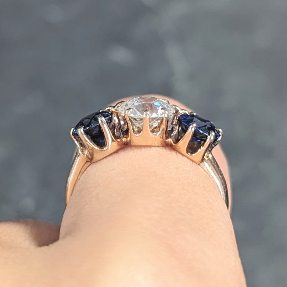 Victorian 2.37 CTW Old European Cut Diamond Sapphire 14 Karat Yellow Gold Antique Three Stone Ring Wilson's Estate Jewelry