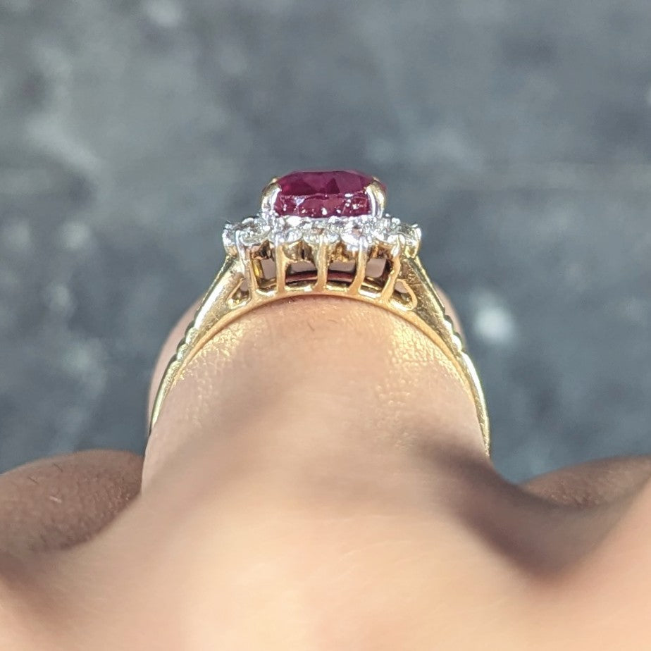 Mid-Century 2.00 CTW Burma Ruby Diamond 18 Karat Yellow Gold Vintage Halo Ring GIA Wilson's Estate Jewelry