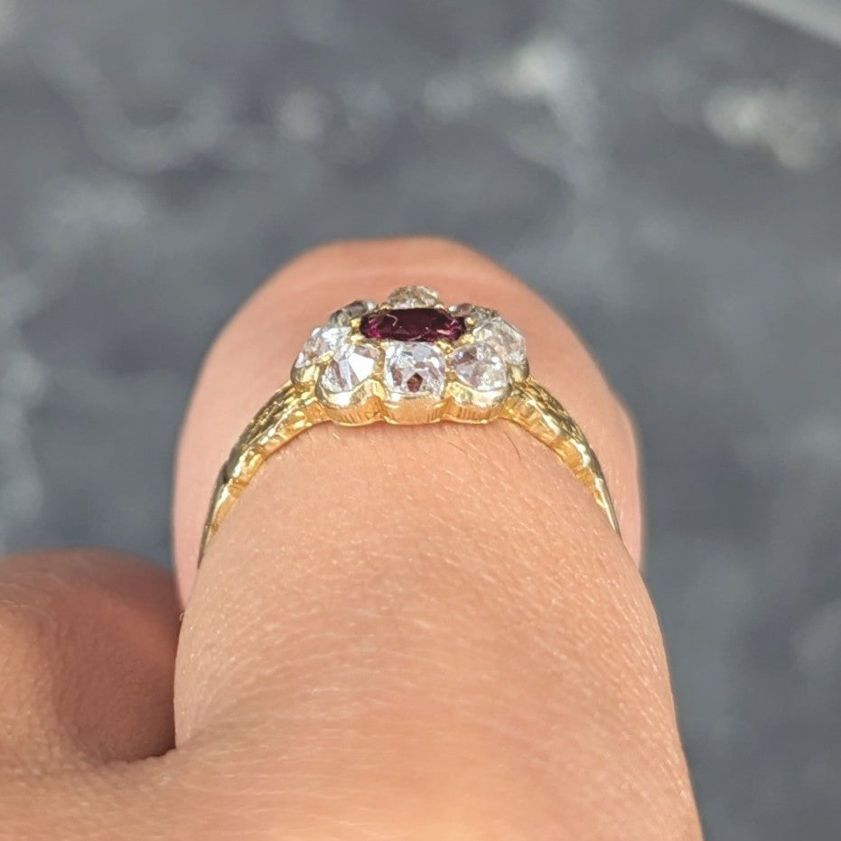 Victorian Cushion Cut Ruby Diamond 18 Karat Yellow Gold Orange Blossom Antique Halo Cluster Ring Wilson's Estate Jewelry