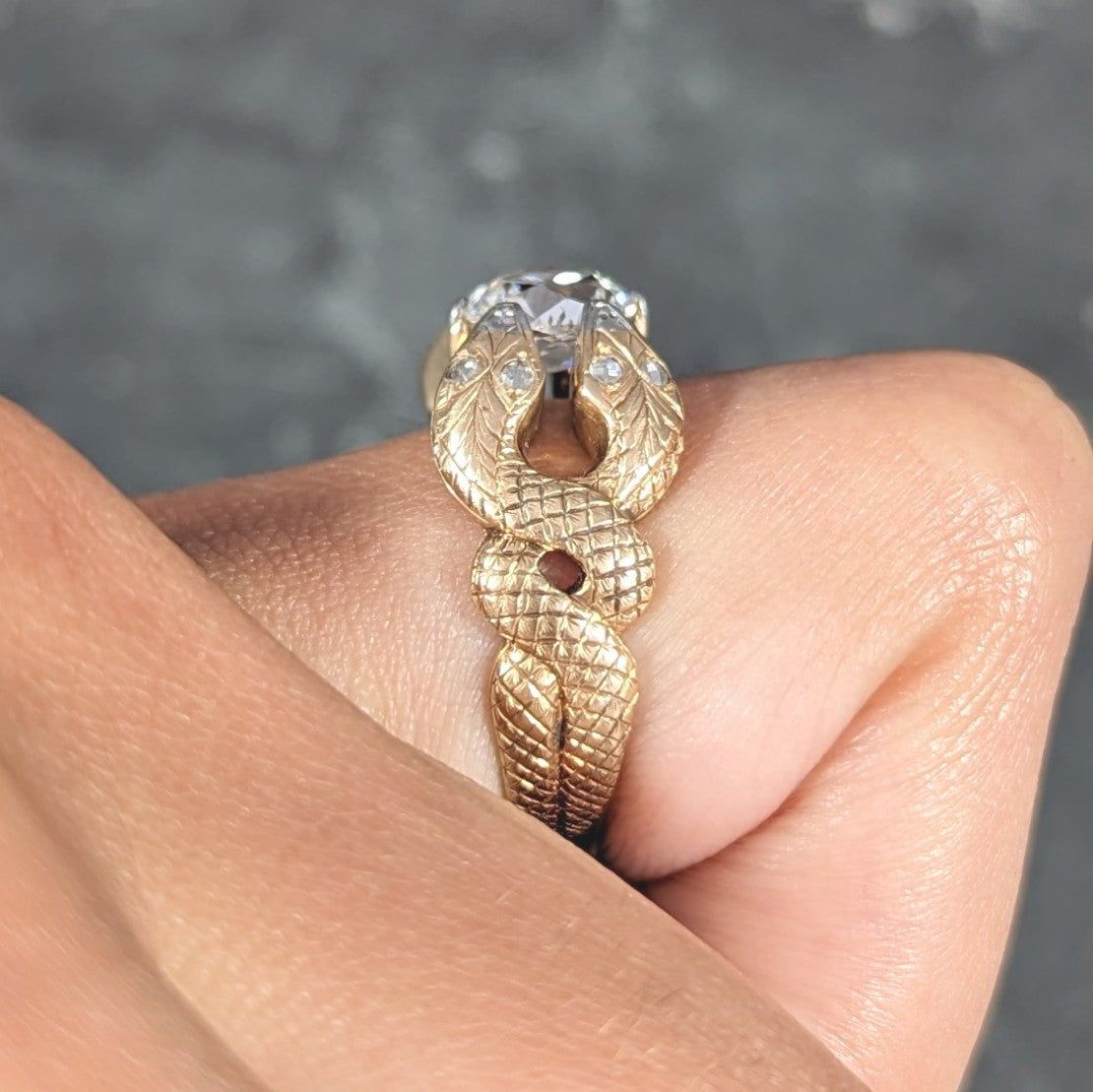 Victorian 1.22 CTW Old Mine Cut Diamond Platinum 14 Karat Yellow Gold Snake Antique Engagement Ring Wilson's Estate Jewelry