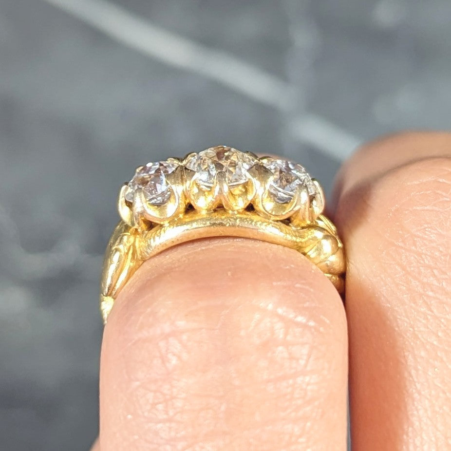 Tiffany & Co. Victorian 1.40 CTW Old European Cut Diamond 18 Karat Yellow Gold Snake Belcher Set Antique Three Stone Ring Wilson's Estate Jewelry