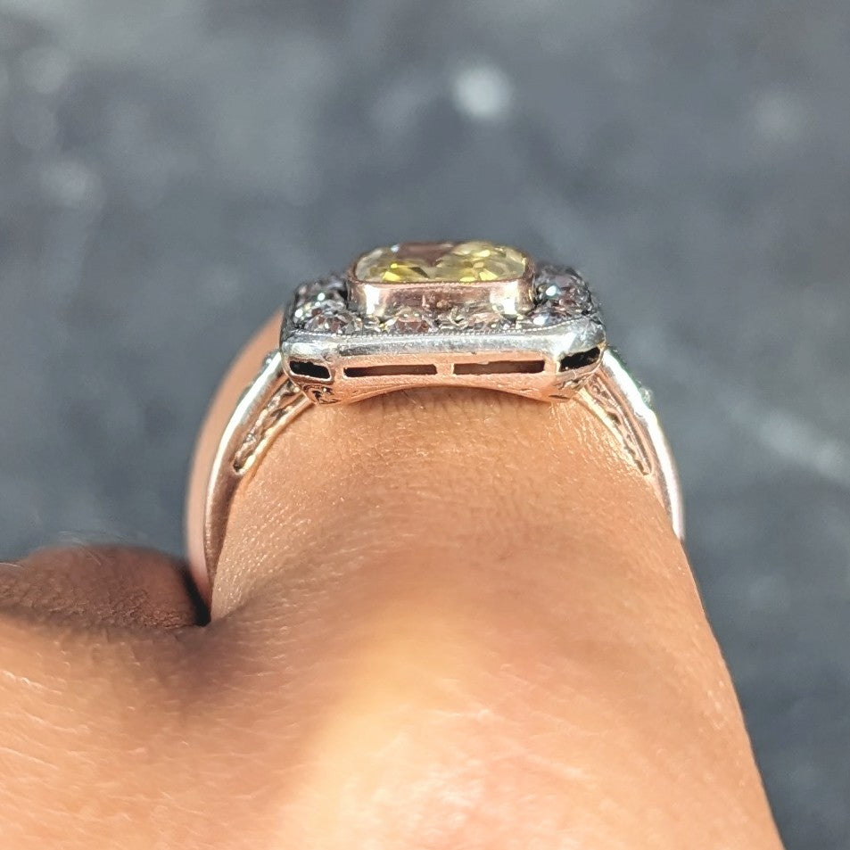 Edwardian 3.84 CTW Yellow Sapphire Diamond Platinum 18 Karat Rose Gold Antique Halo Ring GIA Wilson's Estate Jewelry