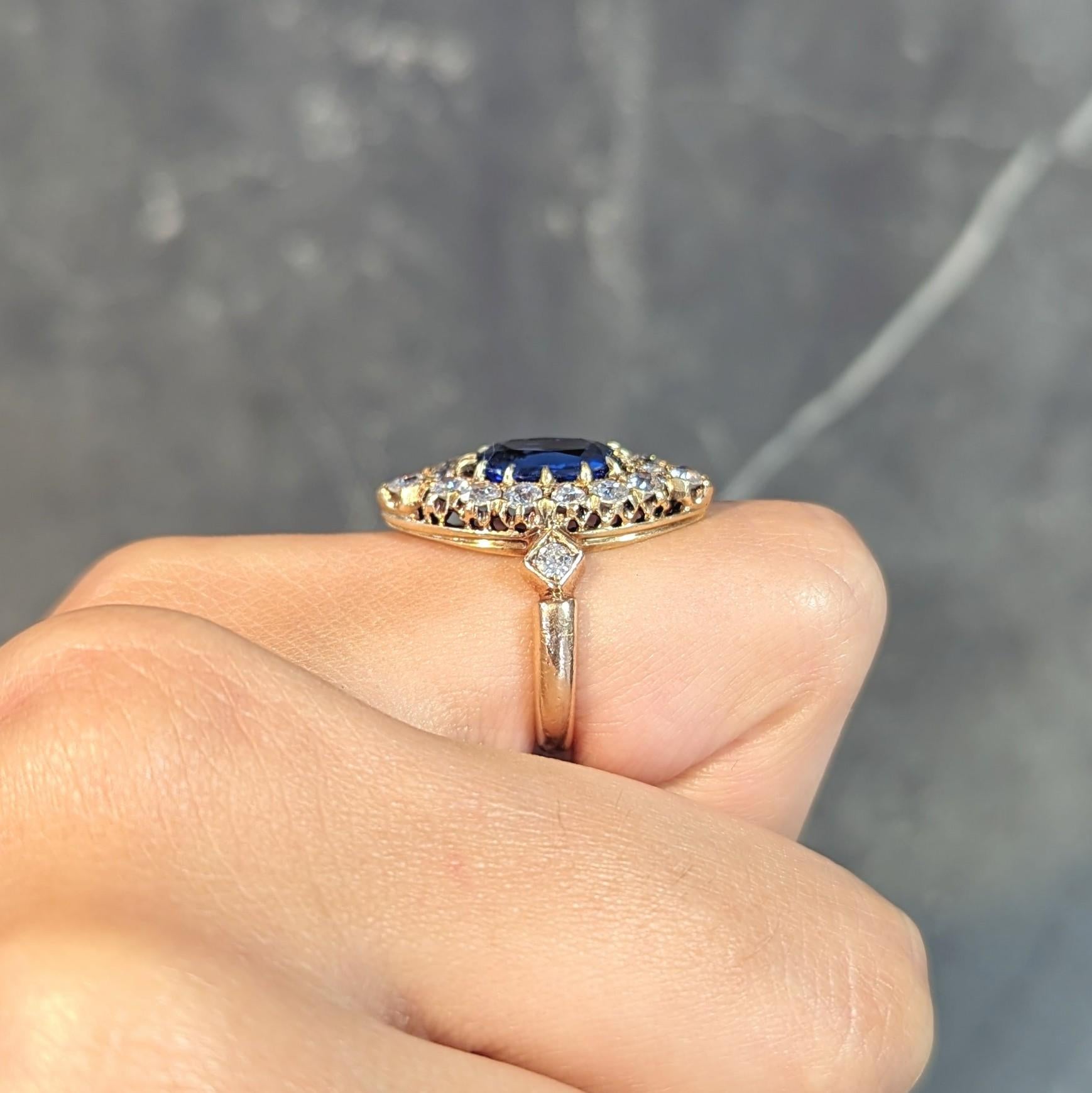 Victorian No Heat Burma Sapphire Diamond 14K Gold Antique Navette Cluster Ring