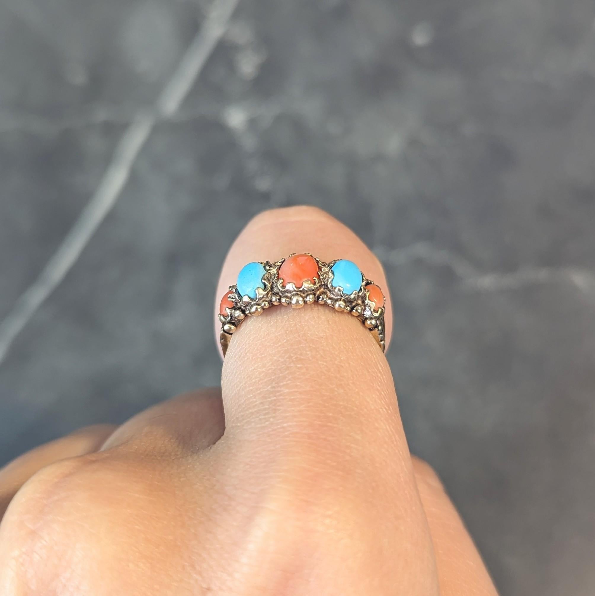Vintage Brutalist Coral Turquoise 9 Karat Yellow Gold Five Stone Band Ring