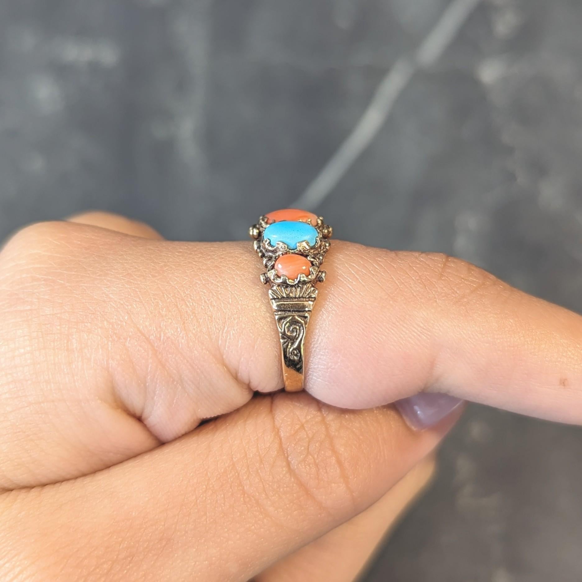Vintage Brutalist Coral Turquoise 9 Karat Yellow Gold Five Stone Band Ring