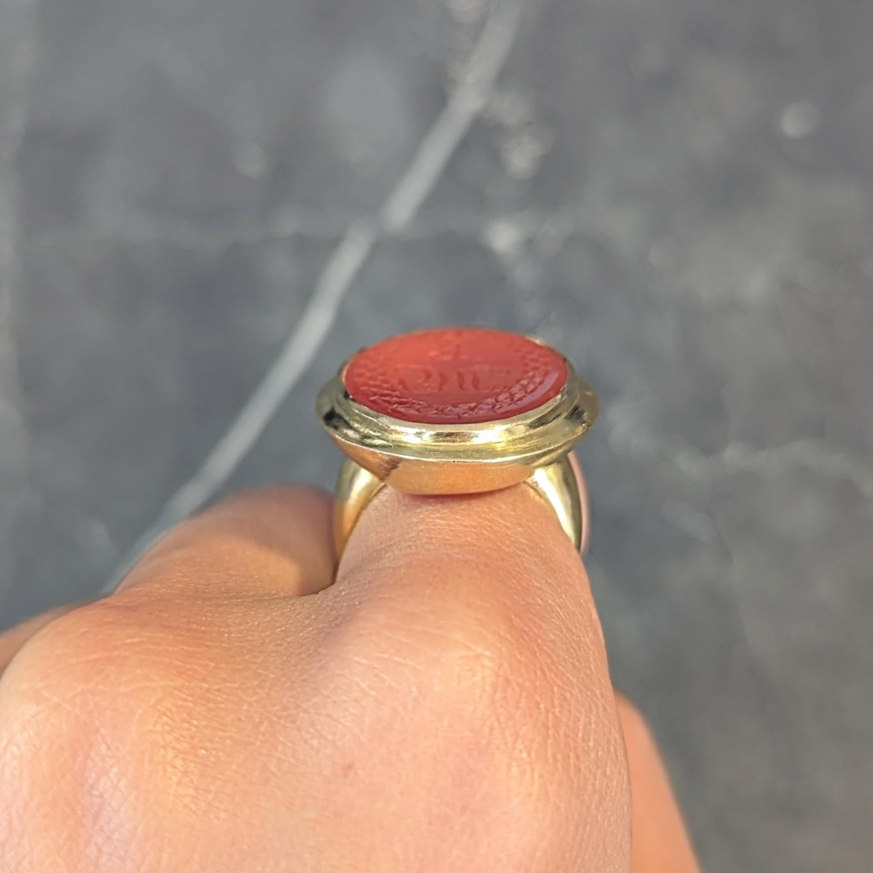 Victorian Carved Carnelian 18 Karat Yellow Gold Signet Antique Intaglio Ring